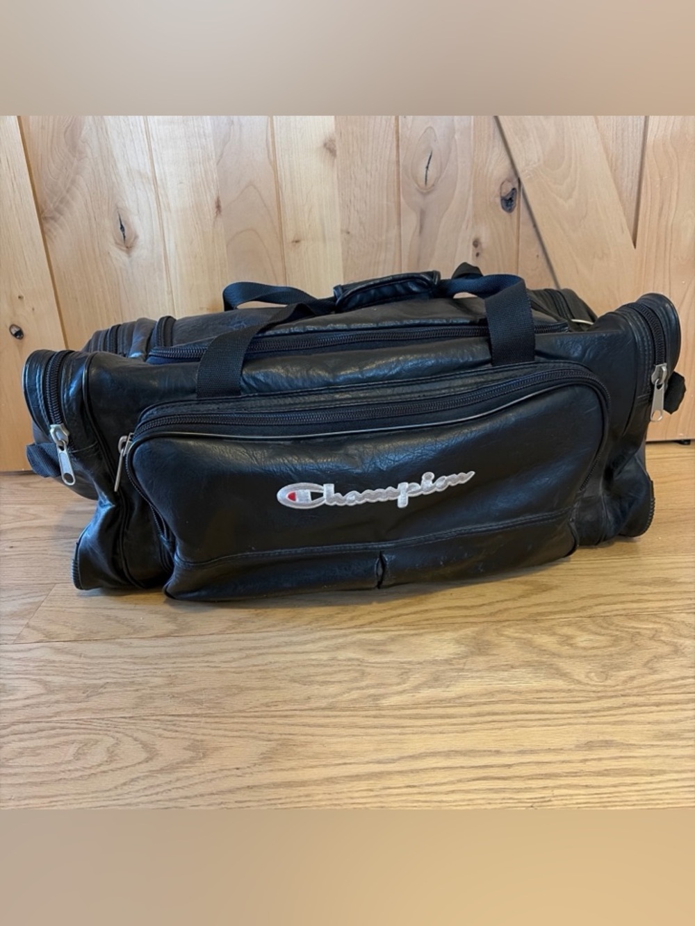 Vintage CHAMPION Black Leather Duffle Bag Soft Zipper Handles Gym Travel Bag